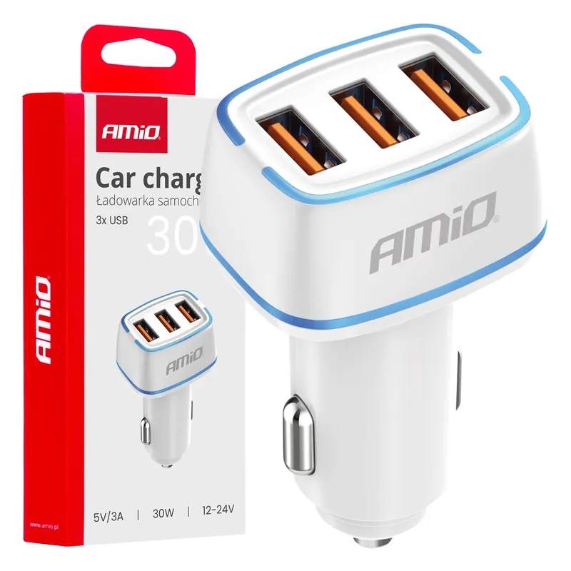 Ładowarka samochodowa 3x USB-A 30W AMIO-03889 Wyjątkowa oferta
